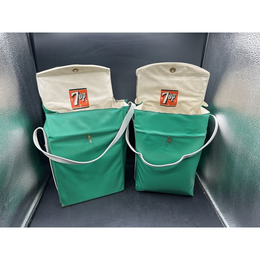 Vintage 1960s 7Up Soda Green Vinyl Coolers Collectibles Pair